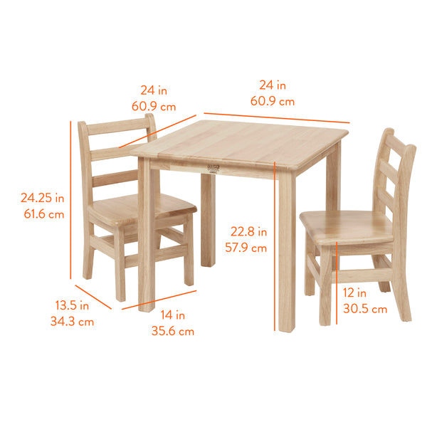 Kids Square Wood Table and 12in Chair Set, 24in x 24in, 3-Piece