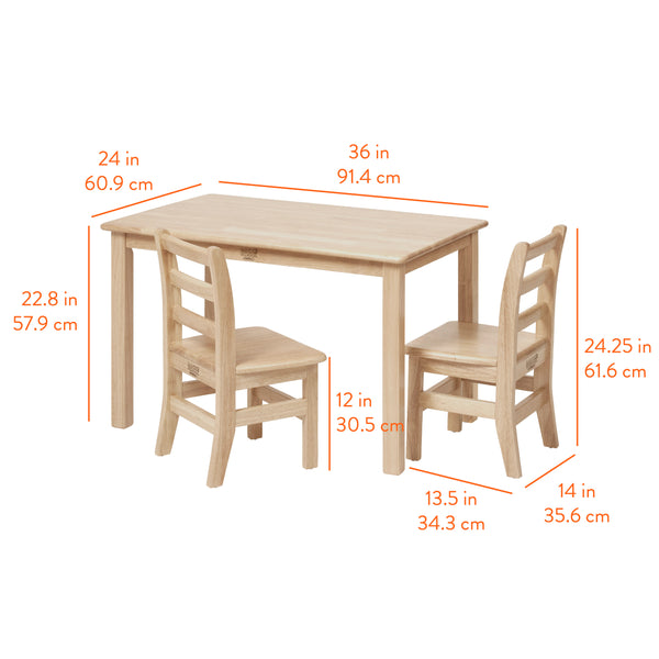 Kids Rectangular Wood Table and 12in Chair Set, 24in x 36in, 3-Piece